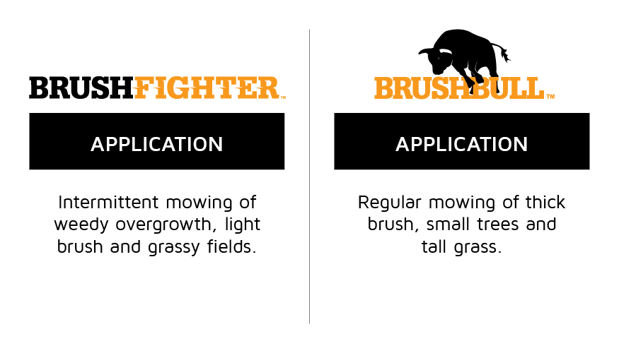 Application Comparison: BrushFighter - intermittent mowing of weedy overgrowth, light brush and grassy fields / BrushBull - regular mowing of thick brush, small saplings, and tall grass